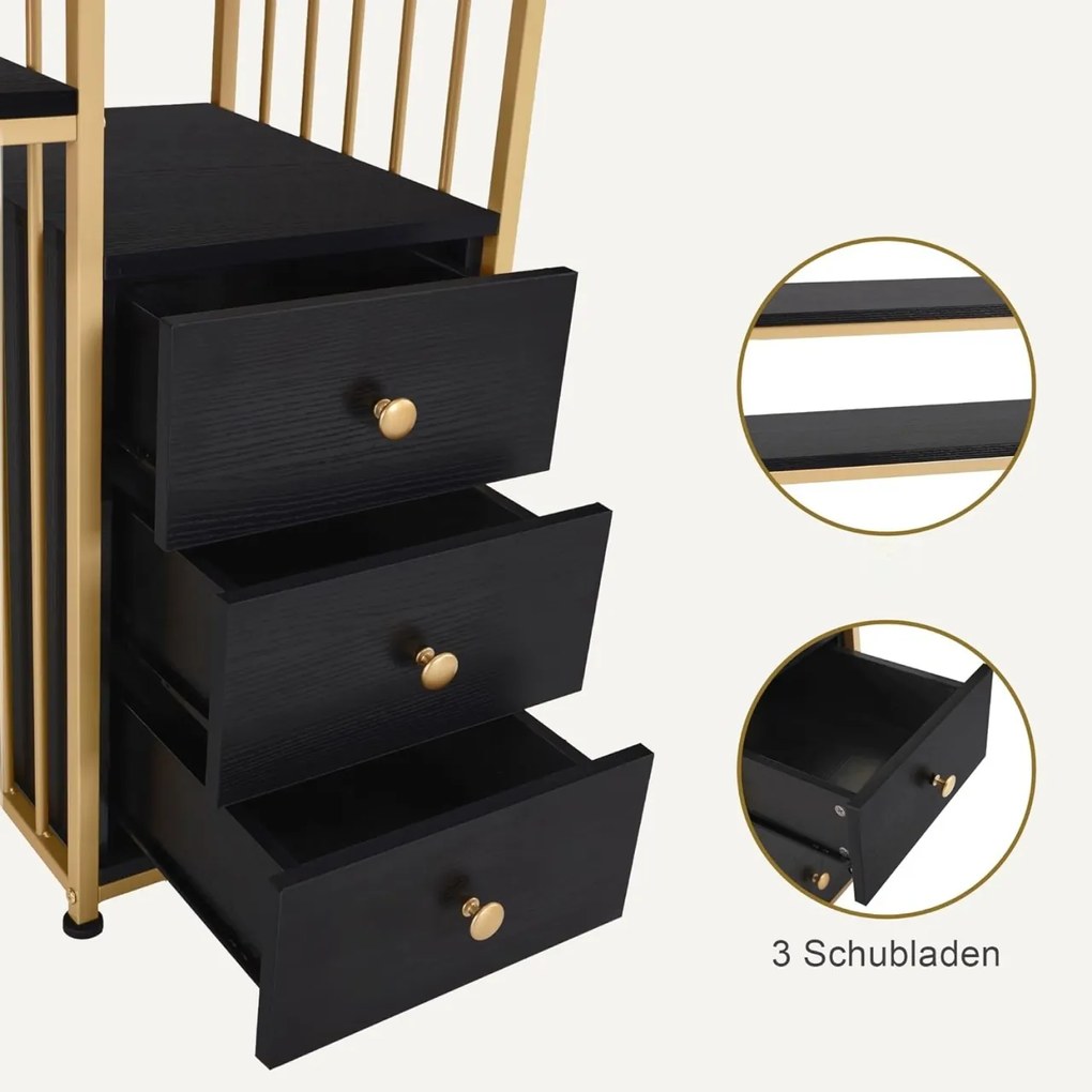 BIAU201 - Birou 109 cm, Masa Manichiura, masa de calculator cu 3 sertare, office, Imitatie de Marmura - Alb / Negru - Auriu