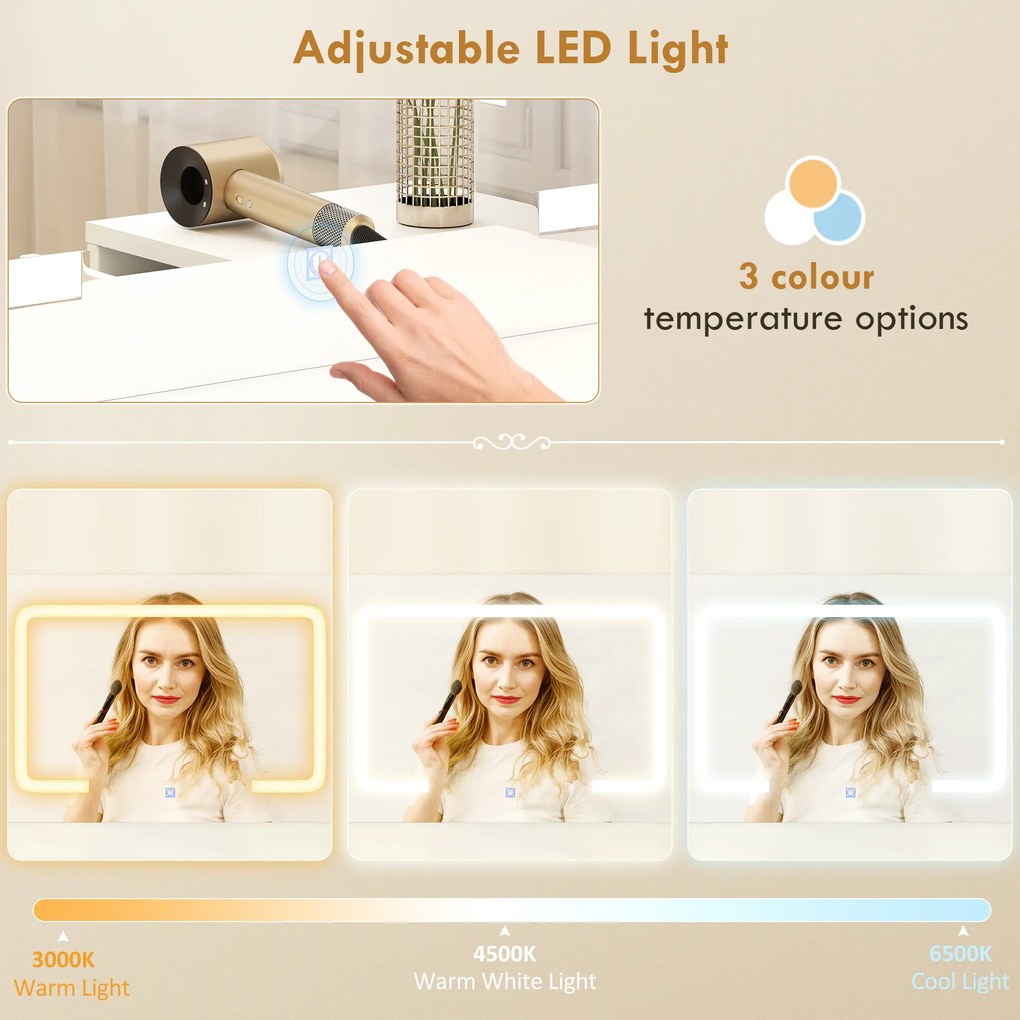 HOMCOM Stație de Machiaj cu Lumini LED, 3 Culori, Luminozitate Reglabilă, Toaletă Convertibilă cu Prize Electrice, 6 Sertare Soft Close, Oglindă, Rafturi Deschise, pentru Dormitor, Alb | Aosom Romania