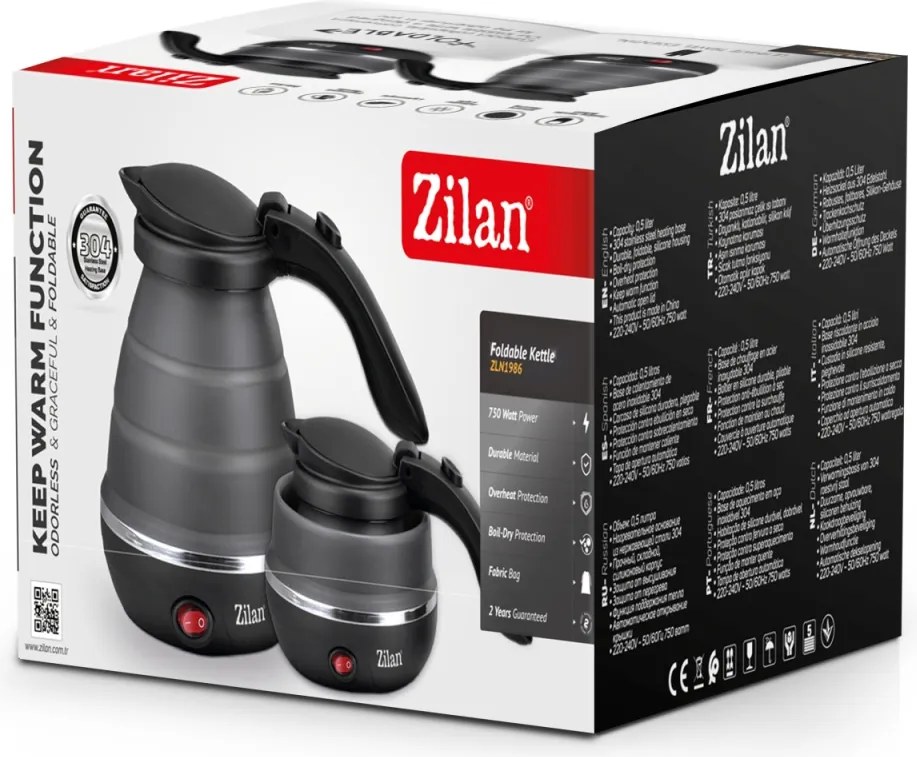 Fierbator pliabil Zilan ZLN1986 pentru voiaj, Putere 750W, Capacitate 0.5L, Protectie la supraincalzire, Baza din inox si carcasa din silicon durabil