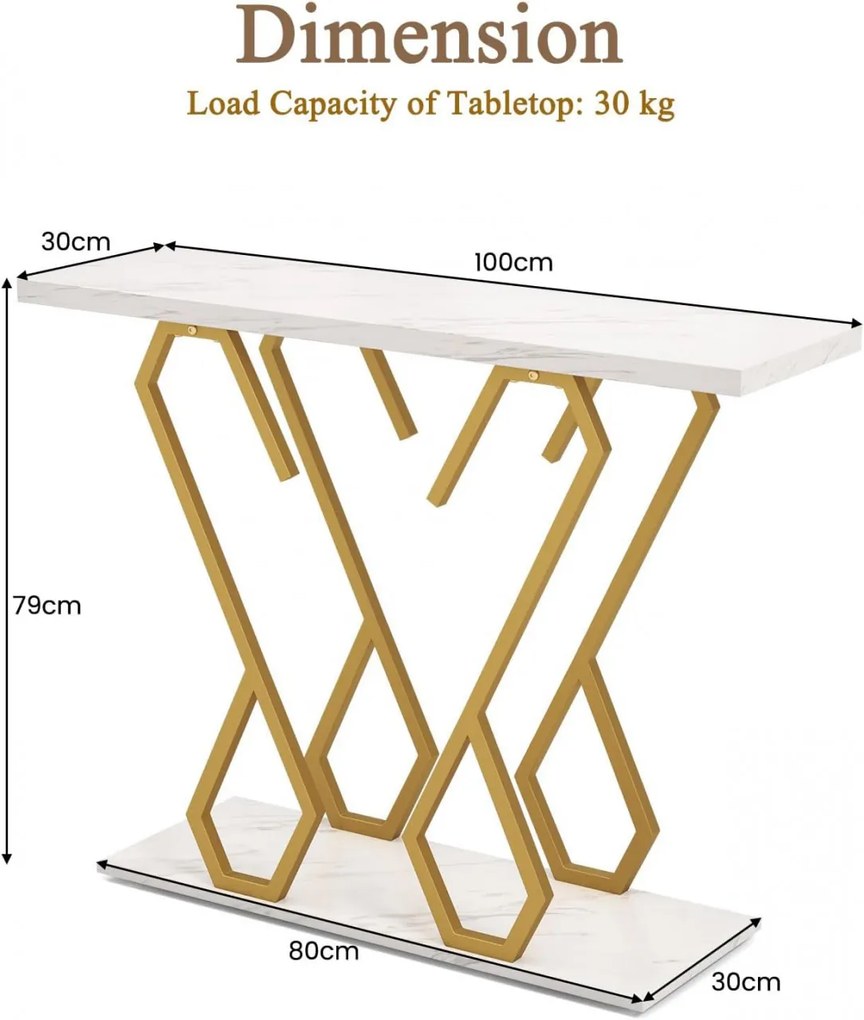 MAU15 - Masa Consola, 100 cm, masuta hol, living, dormitor - Auriu - Alb Imitatie de Marmura