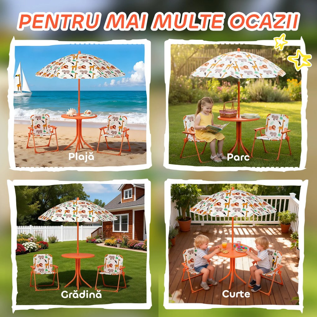 AIYAPLAY Set de Grădină pentru Copii, Masă și Scaune cu Umbrelă, Masă de Picnic pentru Exterior cu 2 Scaune Pliabile pentru Copii de 2-5 Ani, Portocaliu | Aosom Romania