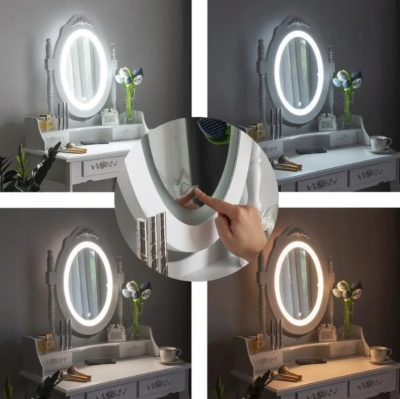 Măsuţă de toaletă vintage, cu oglindă pivotantă cu iluminare LED