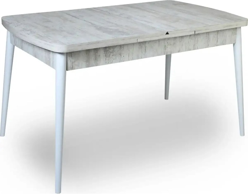 Set masa extensibila cu 4 scaune tapitate Homs cristal  bej-gri-picior-alb-170 x 80 cm