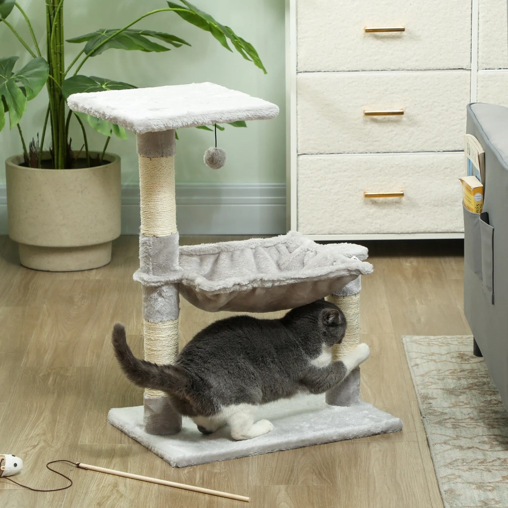 PawHut Arbore de pisici 3 dălți zgărie sisal natural platformă hamac și minge suspendată 50 x 26 x 70 cm pluș scurt gri | Aosom Romania