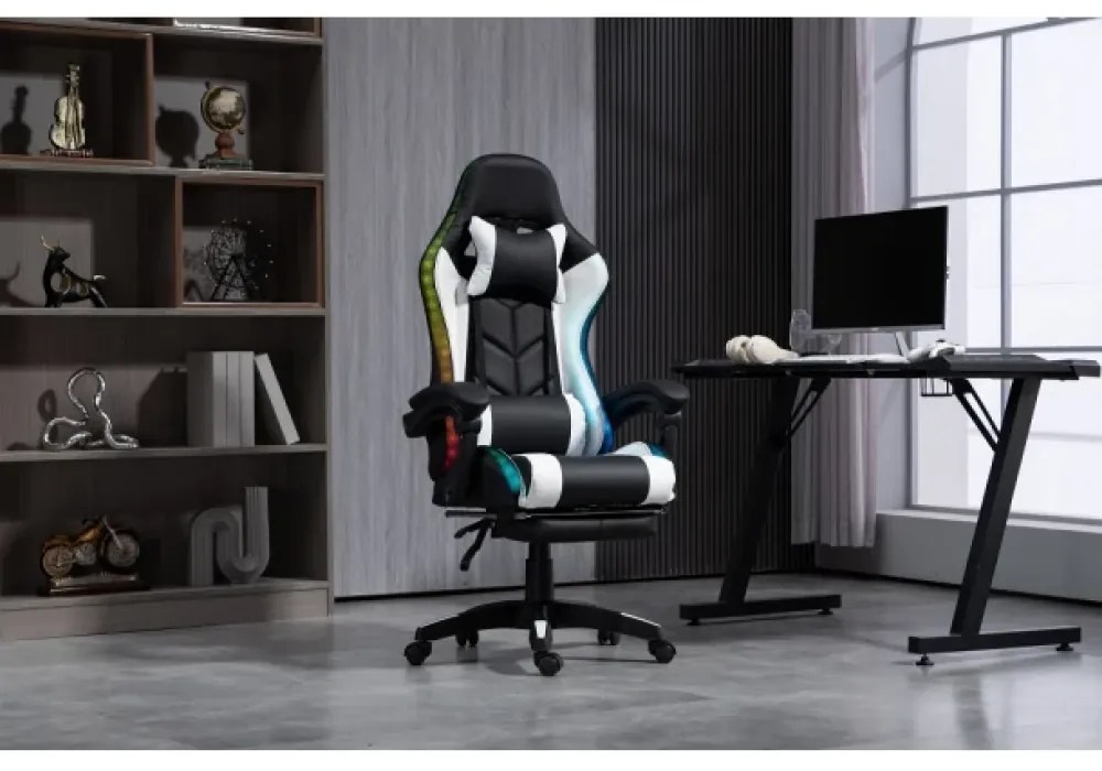 RESIGILAT- ALFORD Scaun gaming cu Masaj in 5 puncte, Perna lombara cu Masaj, Sistem iluminare banda LED RGB, Boxe Bluetooth, suport picioare, PU, Negru/Alb