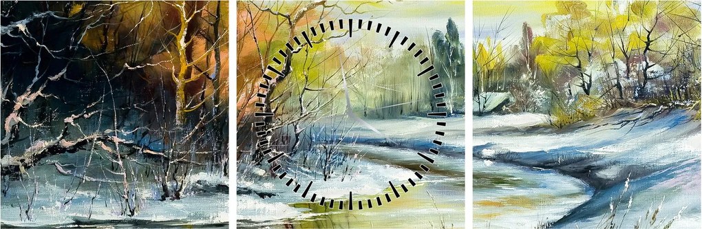 Tablou - Râu de iarnă, pictură în ulei (cu ceas) (90x30 cm)