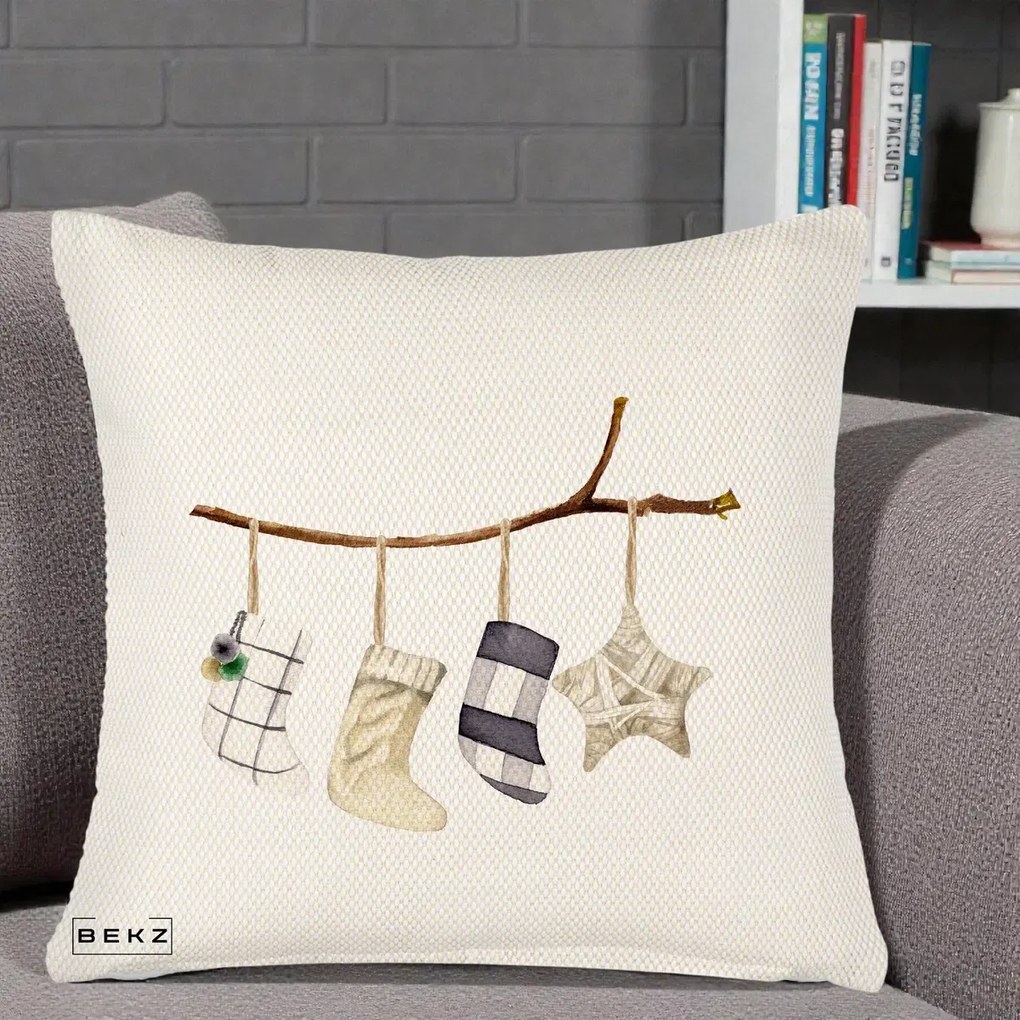 Perna Decorativa Ciorapi de Craciun pe Ramura, 40x40 cm, Crem Reliefat, Husa Detasabila, Perna Inclusa, BEKZ®