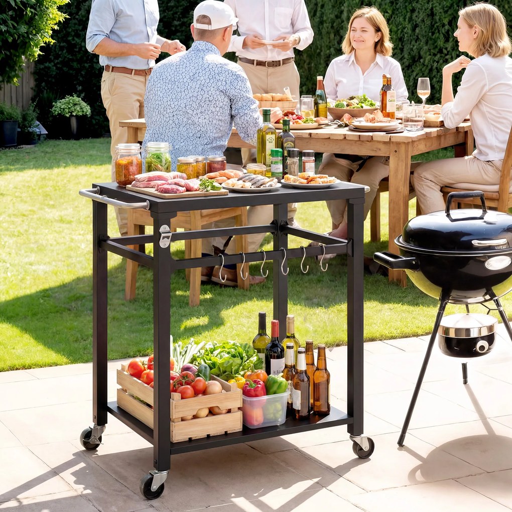 Outsunny Servantă de grădină cărucior de grătar pe roți cu cârlige, mânere, roți blocabile, 90,5x55x88 cm, negru | Aosom Romania
