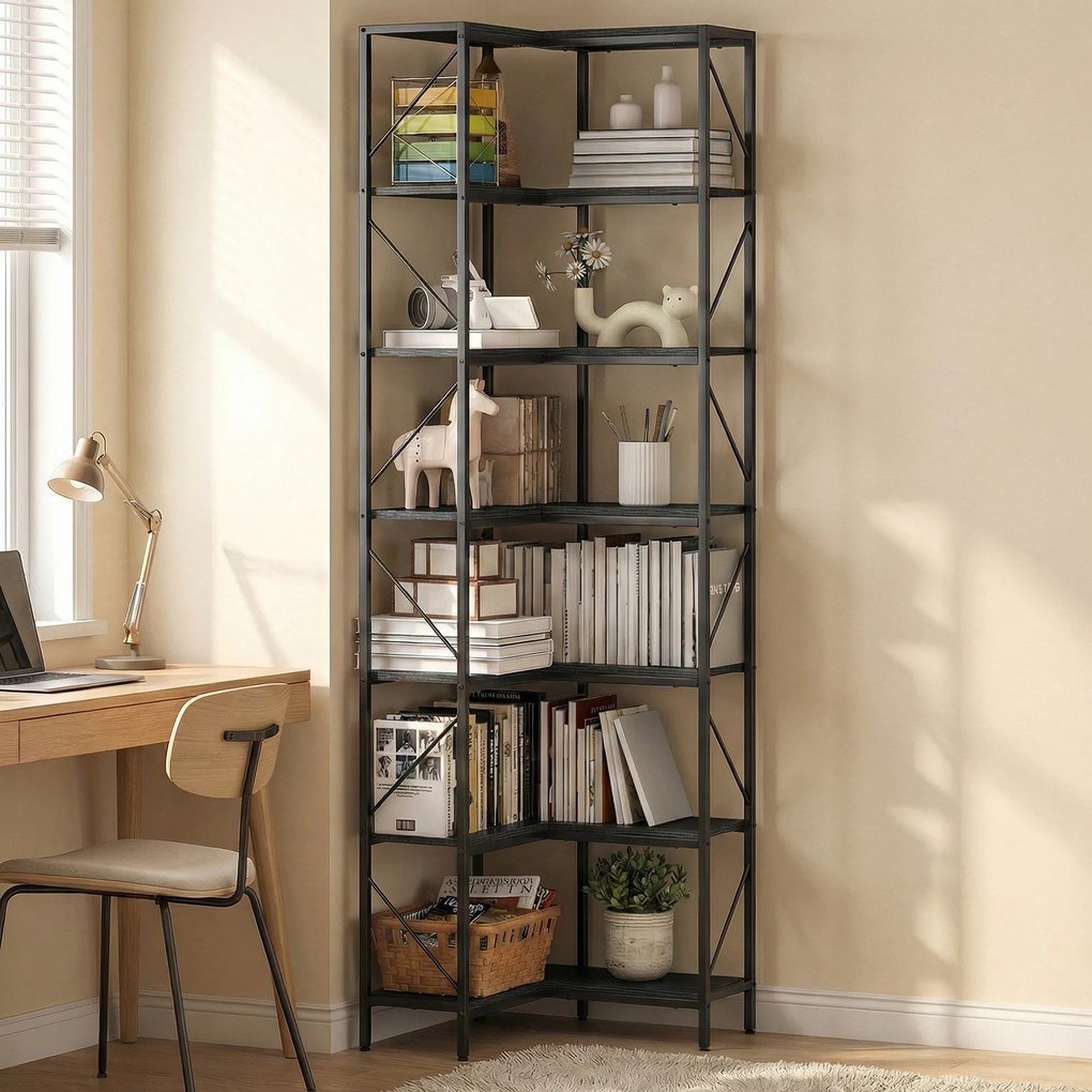 HOMCOM Bibliotecă Colțar cu 7 Rafturi, Stil Industrial, Efect Lemn Negru | Aosom Romania