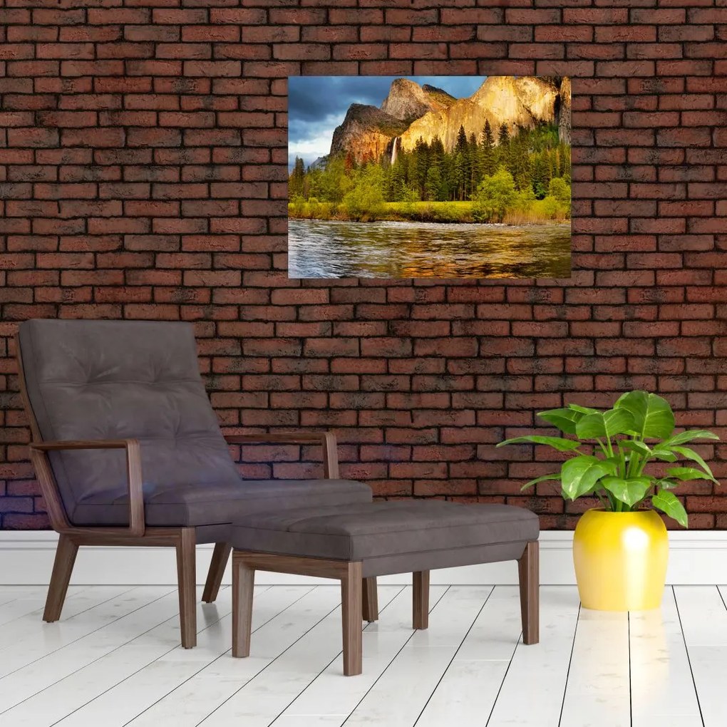 Tablou pe sticlă - Stânci lăngă lac (70x50 cm)