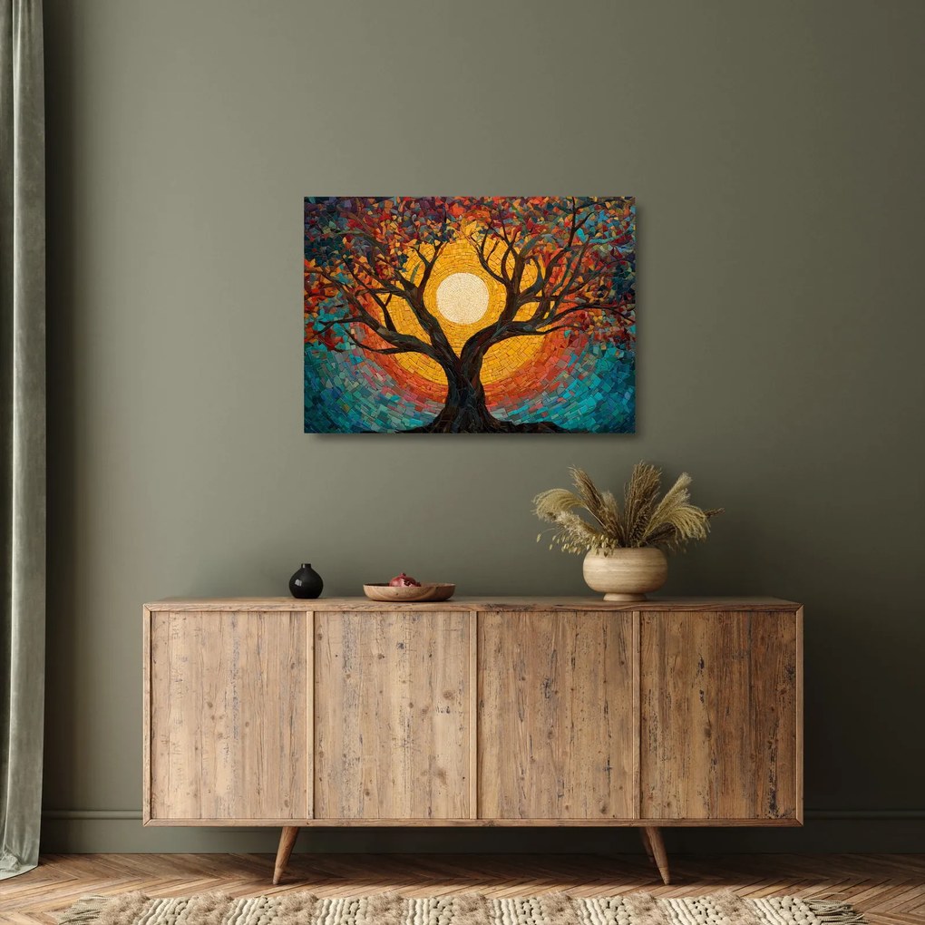 Tablou pe sticlă - Soarele în coroana arborelui vieții (70x50 cm)