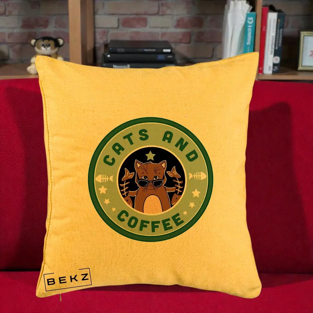 Perna Personalizata Cats and Coffee Starbucks, 40x40 cm, Galben, Husa Detasabila, Perna Inclusa, BEKZ®