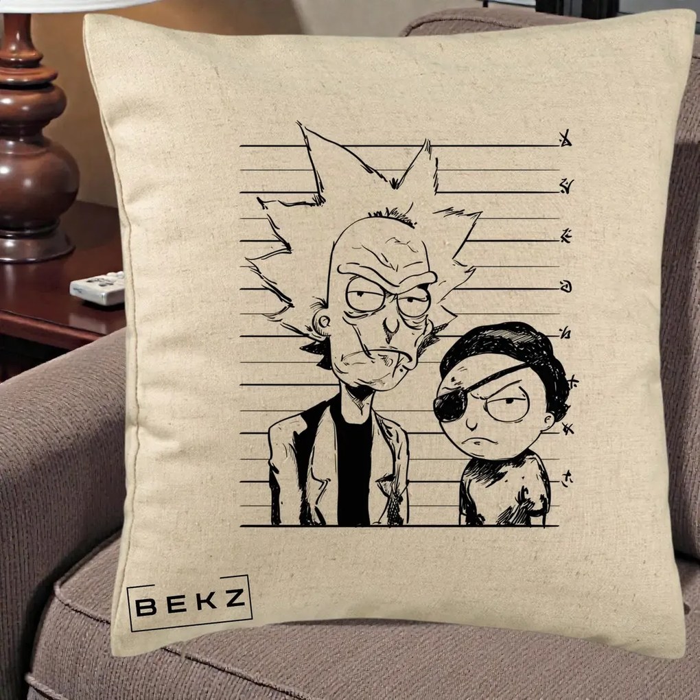 Perna Personalizata Rick si Morty Dosar, 40x40 cm, Bej, Husa Detasabila, Perna Inclusa, BEKZ®
