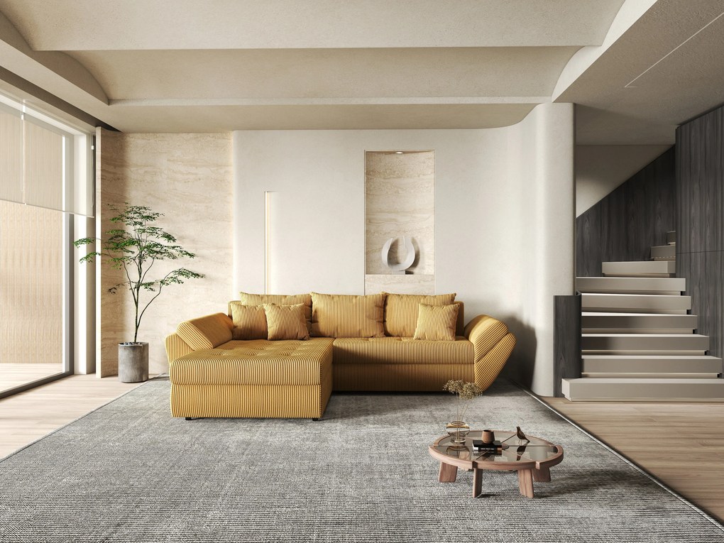 Colțar extensibil dumonde cu ladă de depozitare si sezut confortabil din spuma high-density, Loana Zoom Mustar 270x185 cm