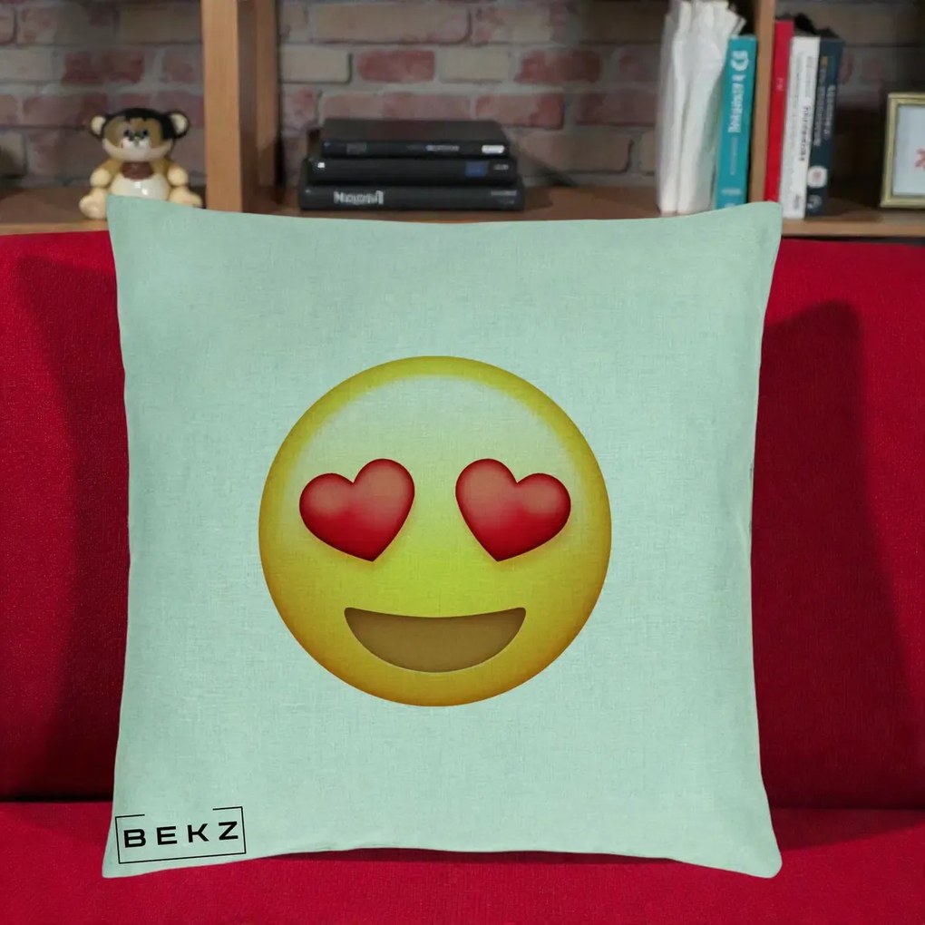 Perna Decorativa Emoji Inimi in Ochi, 40x40 cm, Verde Menta, Husa Detasabila, Perna Inclusa, BEKZ®