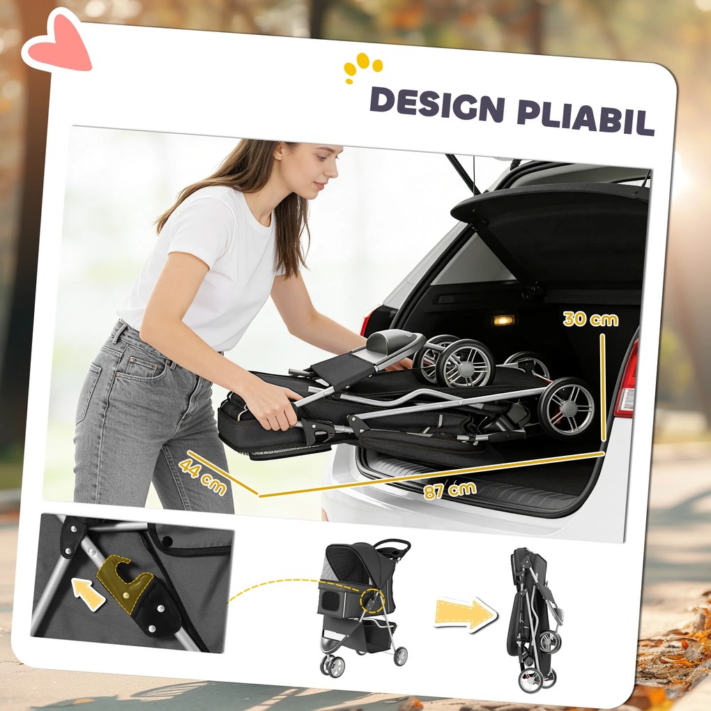 PawHut Cărucior Pliabil pentru Câini cu Suport pentru Pahare și Coș, din Oțel și Poliester, 75x45x97 cm, Gri Închis | Aosom Romania