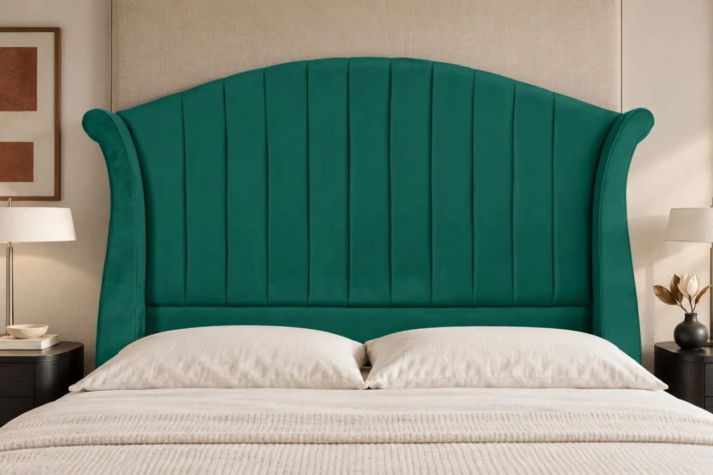 Pat tapițat din catifea Sorella Simple Line 160×200 cm, verde, cu ladă de depozitare
