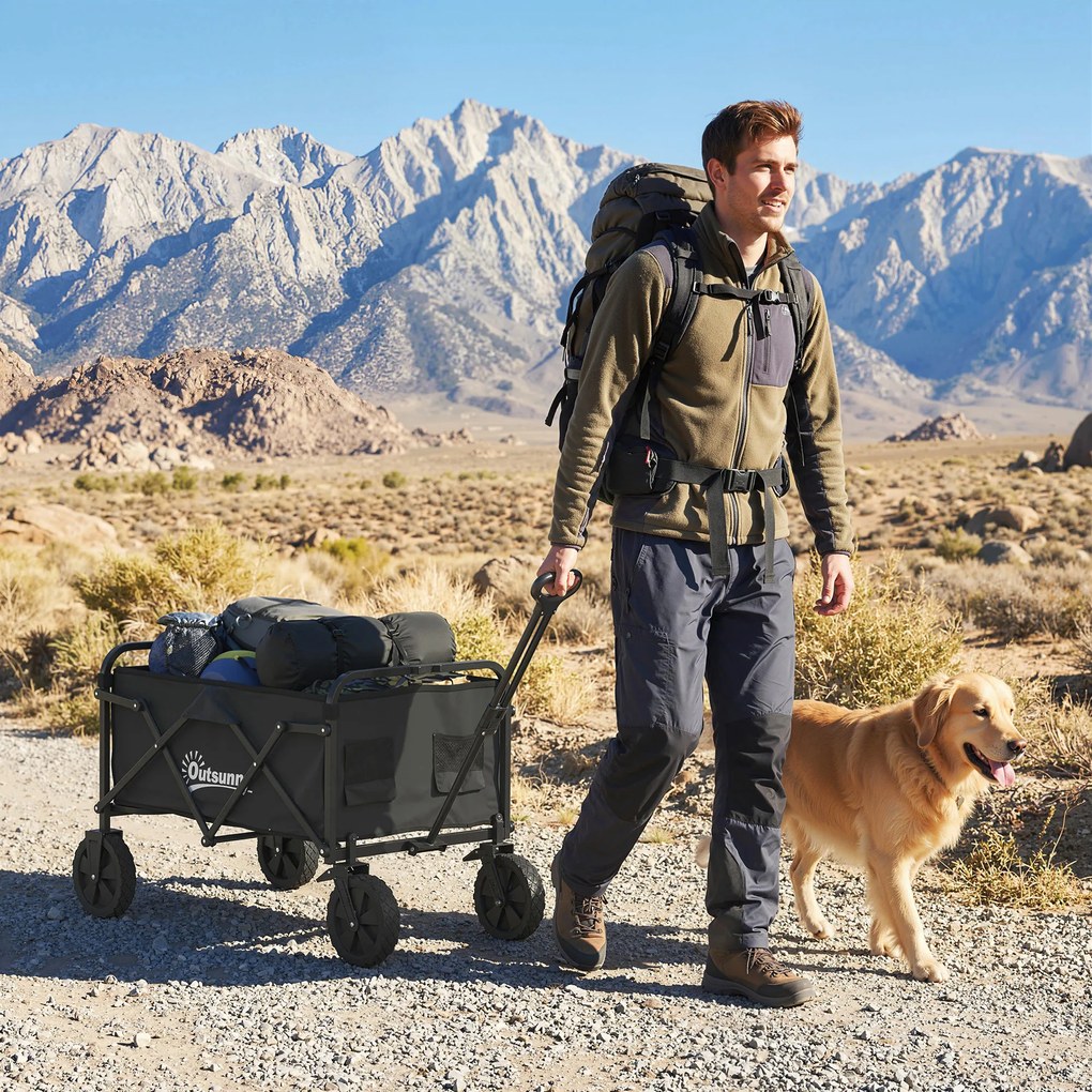 Outsunny Cărucior pentru grădină pliabil cu roți blocabile mâner reglabil suport pentru pahare încărcare 80 kg pentru camping 85x50x99 cm Negru | Aosom Romania