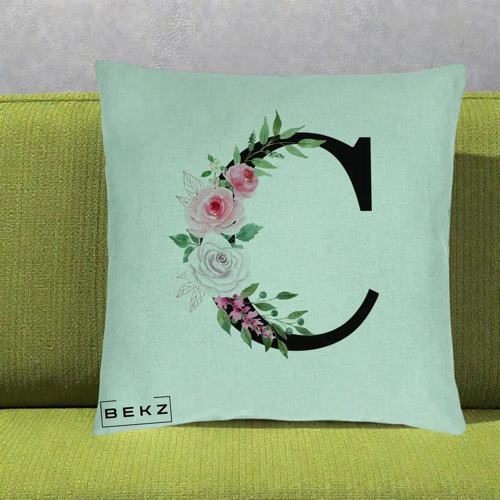 Cadou Personalizat - Perna Personalizata Monograma Florala Litera C, 40x40 cm, Verde Menta, Husa Detasabila, Perna Inclusa, BEKZ®