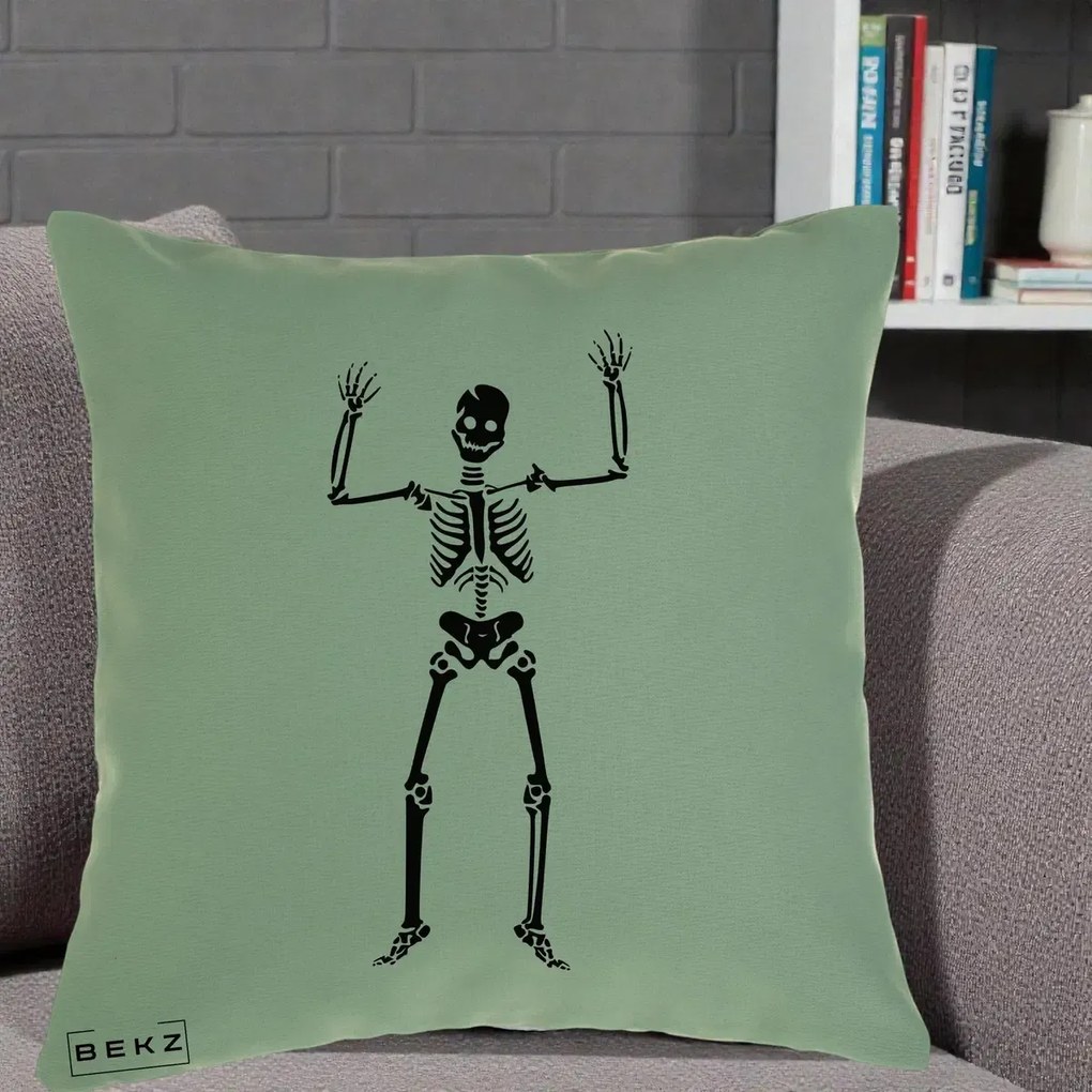 Perna Decorativa Halloween Schelet Dansator, 40x40 cm, Verde, Husa Detasabila, Perna Inclusa, BEKZ®