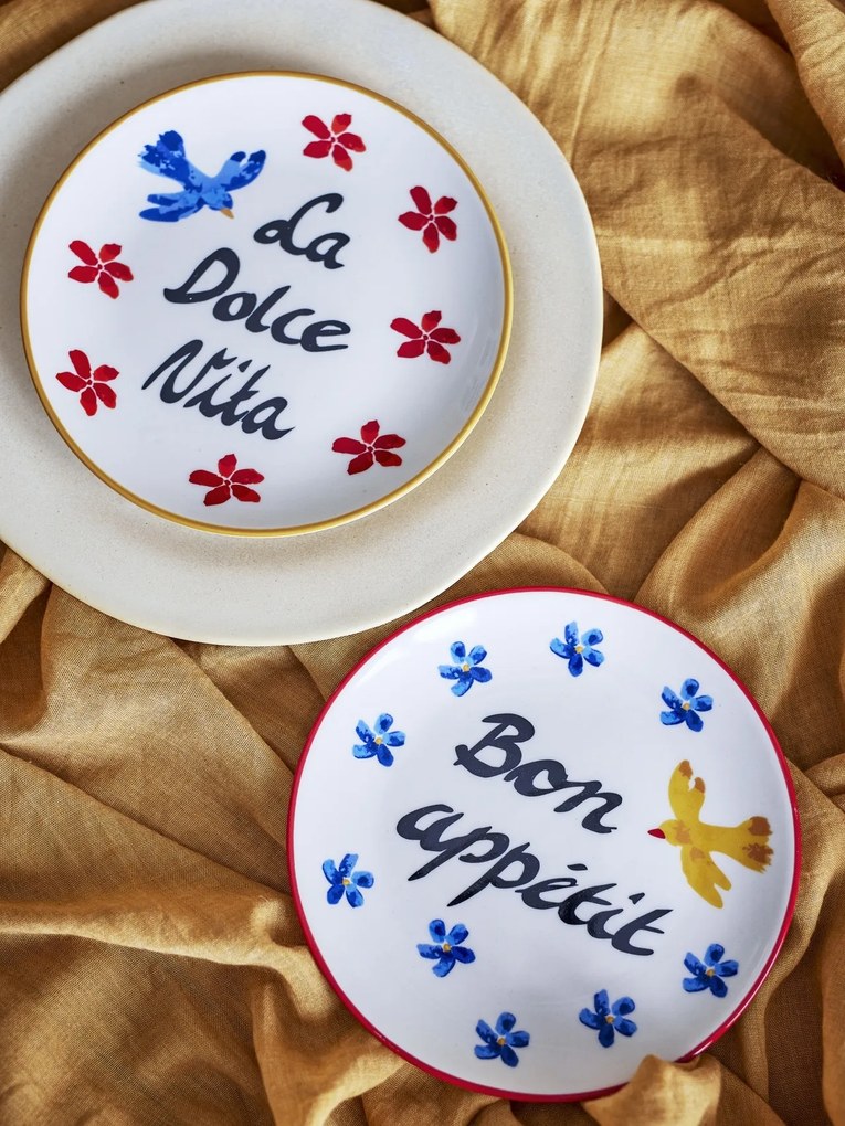 Set 4 farfurii din ceramică, multicolor, inscripții pictate manual, flori și păsări în tonuri roz și albastre, 1,5 x 15 cm, „Lindsay”