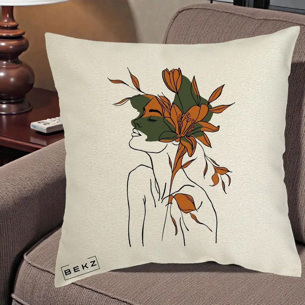 Perna Decorativa Portret Feminin Crin Auriu, 40x40 cm, Ecru, Husa Detasabila, Perna Inclusa, BEKZ®