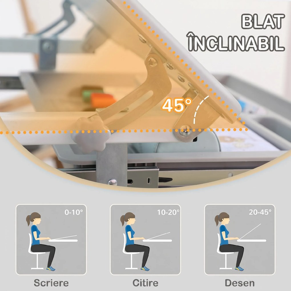 HOMCOM Set Masă și Scaun pentru Copii 6-12 ani, Reglabil pe Înălțime, cu Blat Înclinabil la 45°, 66x47x52-77 cm, Gri | Aosom Romania