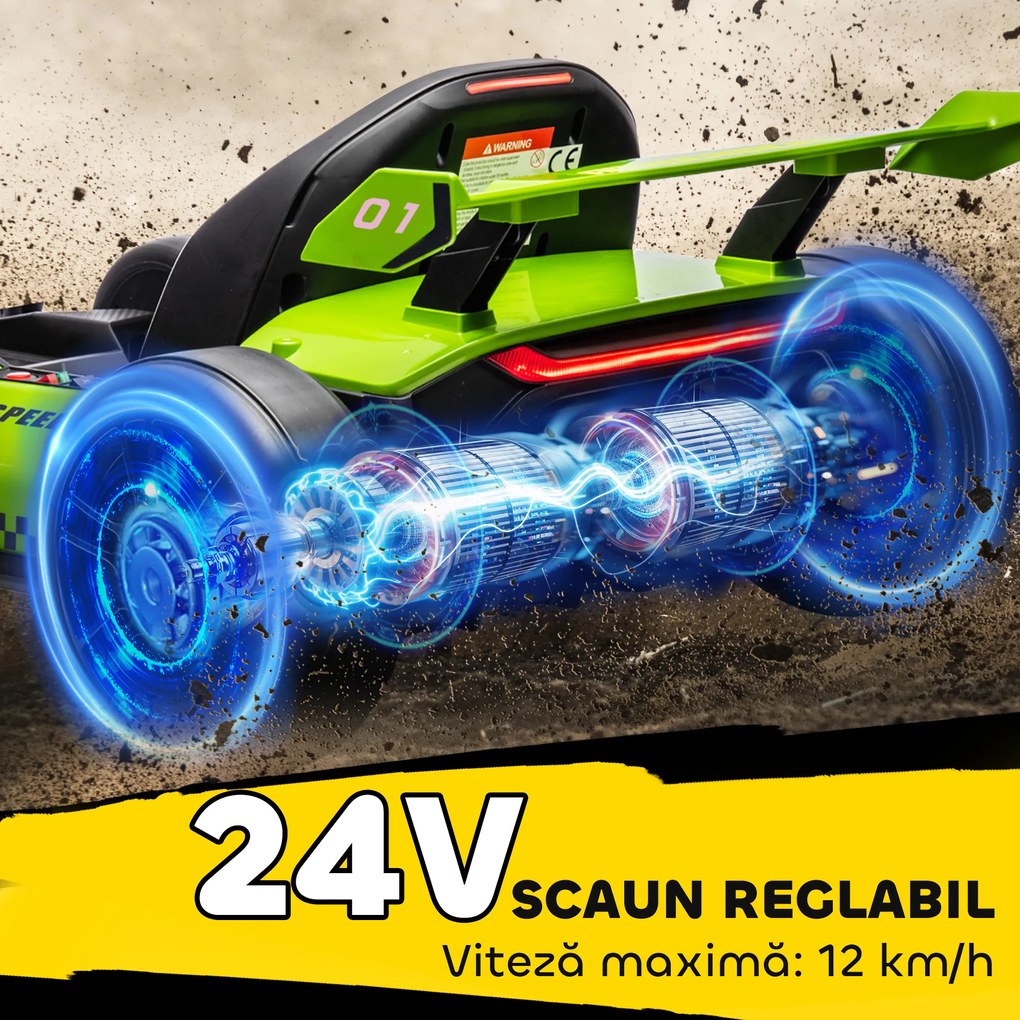 HOMCOM Go Kart Electric pentru Copii cu Scaun Reglabil, 2 Motoare, Claxon, Lumini și Muzică, 120x76x53,5 cm, Verde | Aosom Romania