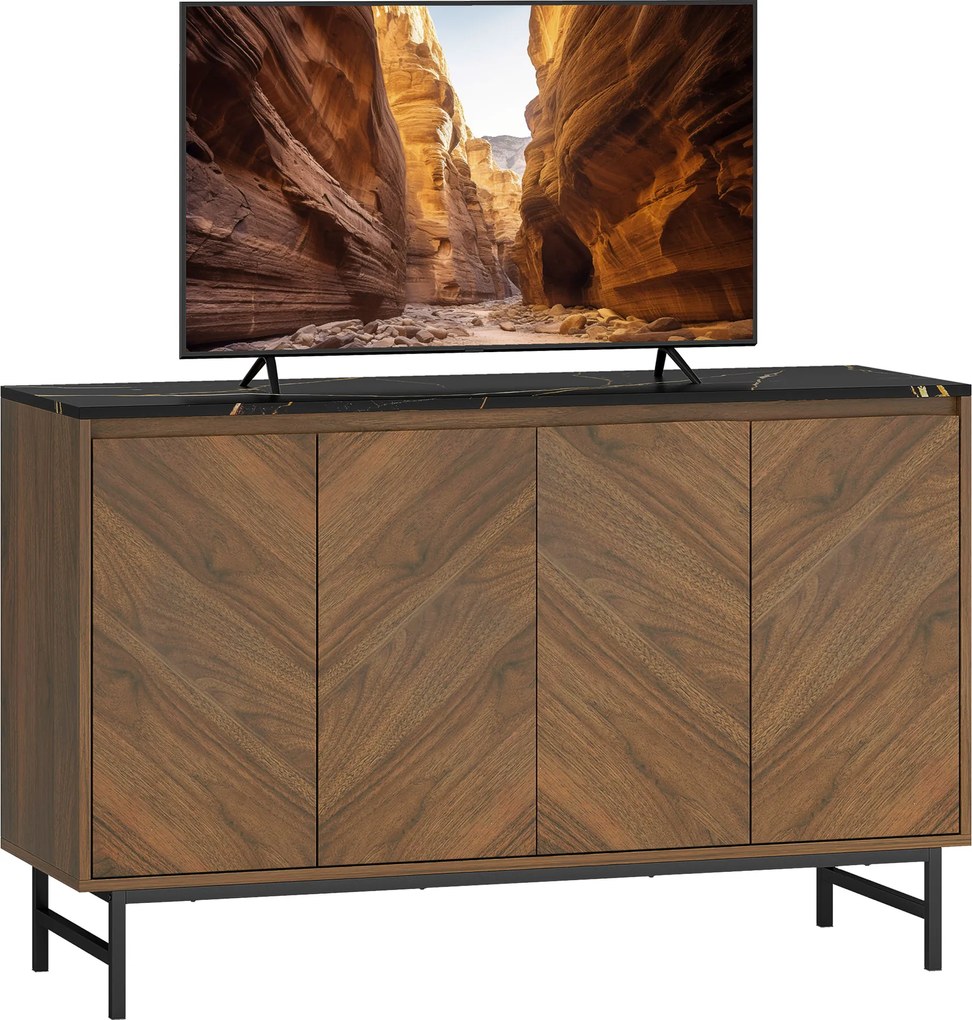 HOMCOM Mobilier TV, mobilier pentru televizor cu 4 uși, blat cu efect marmorat, rafturi reglabile, 120x39x76cm, nuc | Aosom Romania