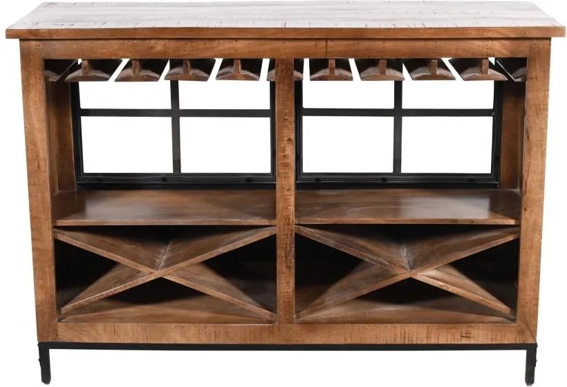 Bar din lemn de mango maro și metal negru, cu 2 rafturi, finisaj natural, 105 x 150 x 53 cm, „Saint-Rémy”