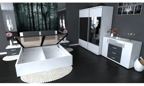 Dormitor Laguna cu pat 140x200 cu lada Alb cu Gri