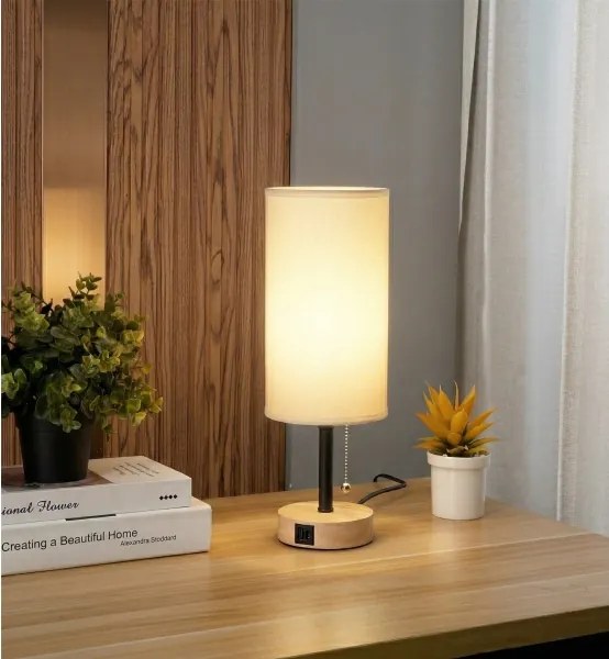Brilagi - Lampă de masă cu port USB TABLON 1xE27/25W/230V stejar/negru/alb