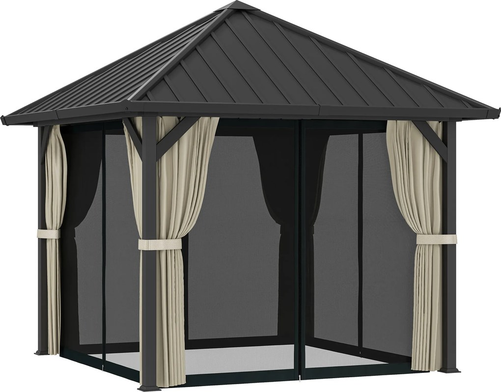 Outsunny Pavilion cu acoperiș solid 3 x 3 m, pavilion de grădină cu acoperiș metalic, cort de grădină impermeabil cu plasă și pereți laterali, Gri închis | Aosom Romania
