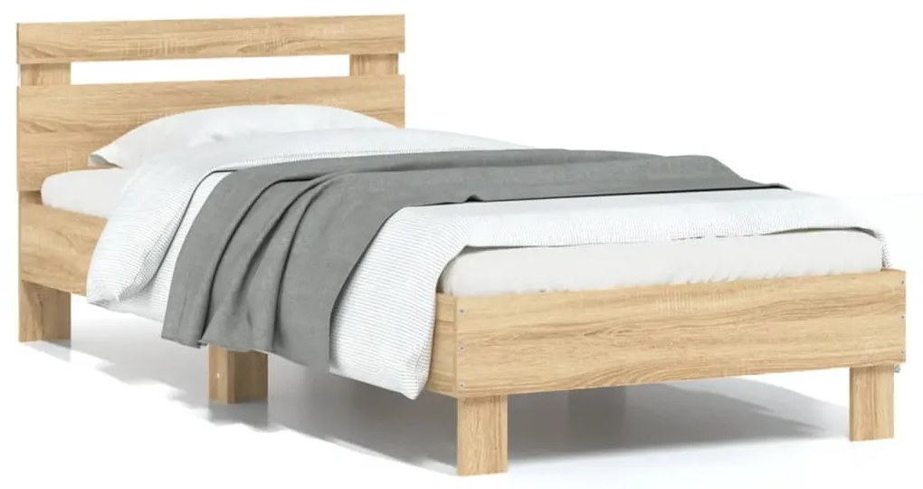 vidaXL Cadru de pat cu tăblie și lumini LED, stejar sonoma, 75x190 cm