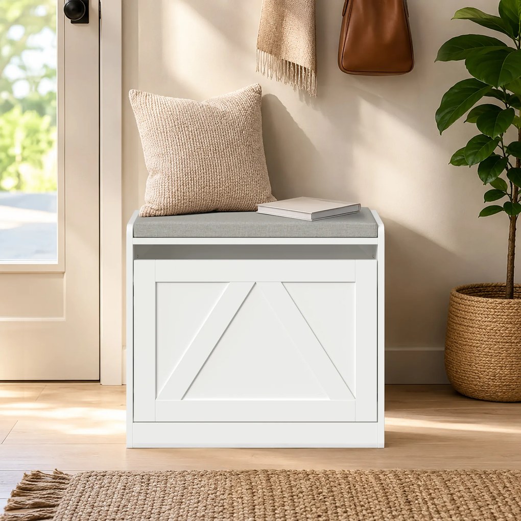 HOMCOM Bancă pantofar cu compartiment rabatabil, 60x30x52 cm, alb | Aosom Romania