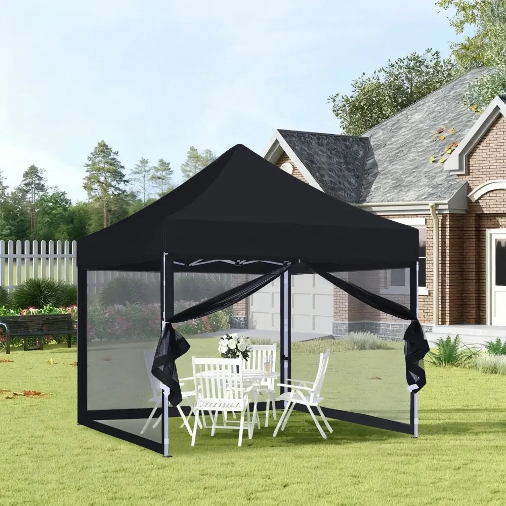 ABCCANOPY – Cort pavilion pliabil 3x3 m, cu pereți Mesh anti-insecte, înălțime reglabilă (3 trepte), impermeabil, protecție UV, Negru,