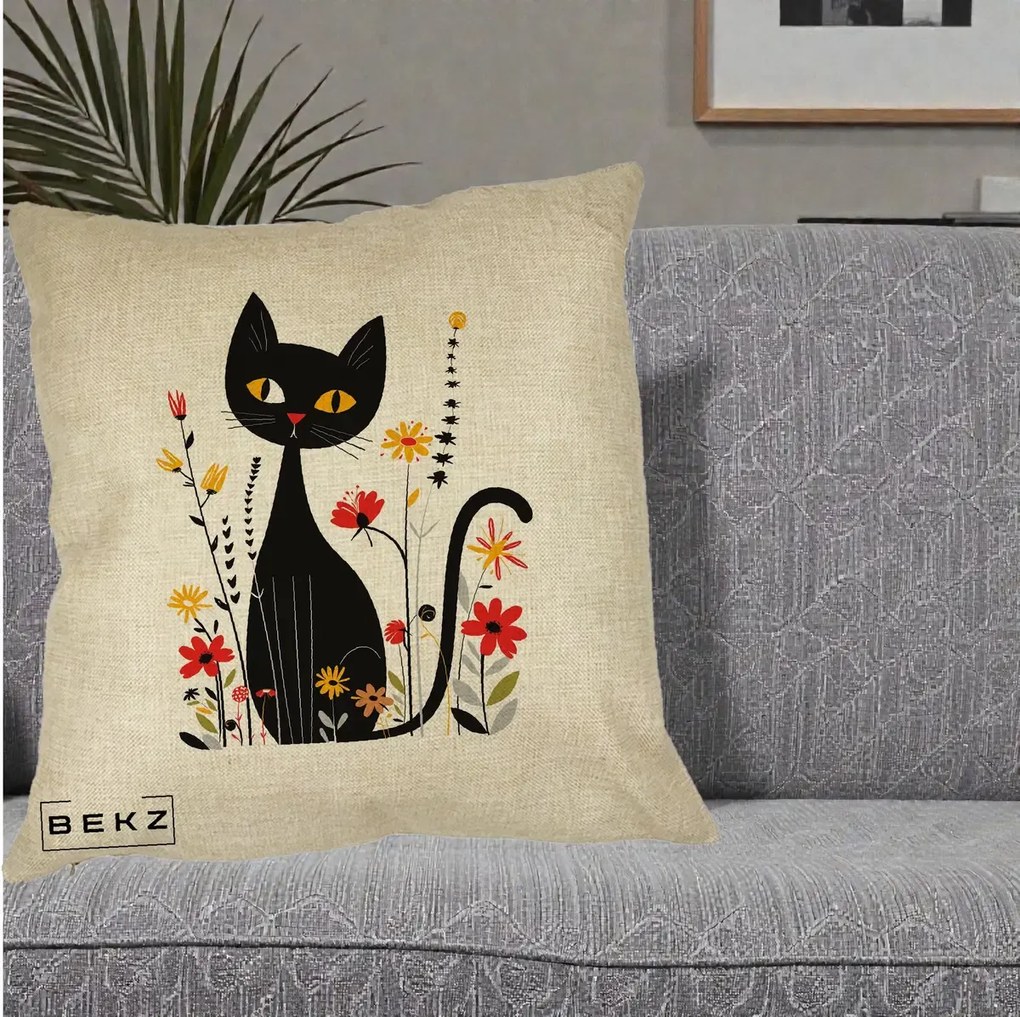 Perna Decorativa Pisica Neagra Ochi Galbeni Flori, 40x40 cm, Crem, Husa Detasabila, Perna Inclusa, BEKZ®