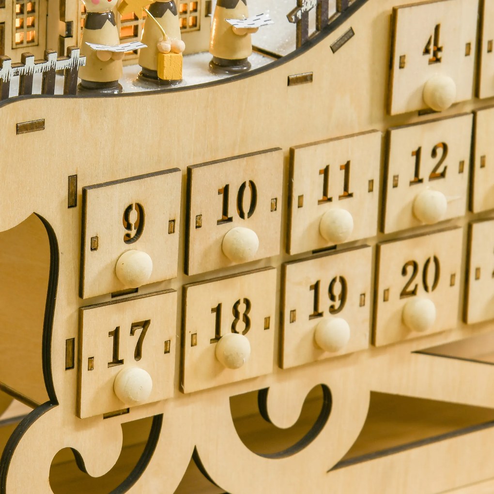 Calendar Advent din Lemn in Forma de Sanie cu 24 de Sertare de Umplut, Decoratiuni si Lumini 45x10x31cm HOMCOM | Aosom RO