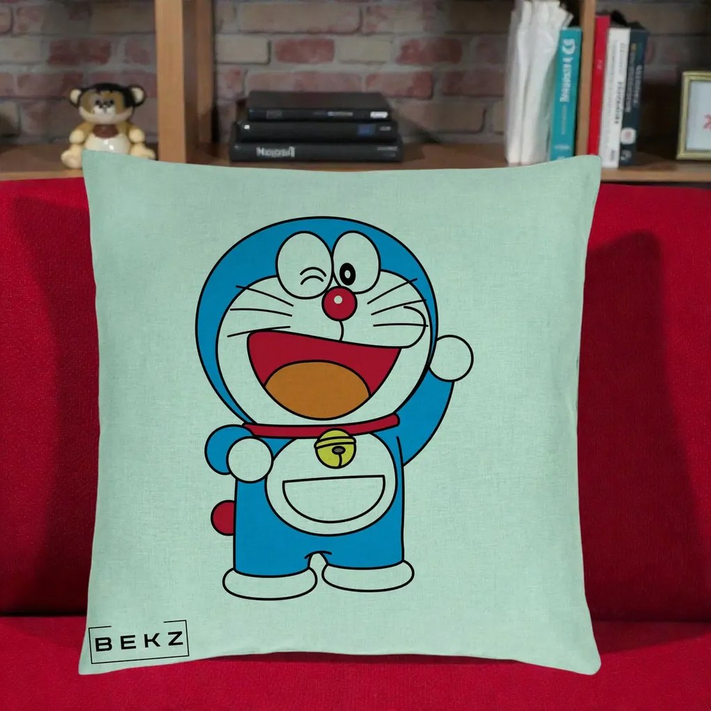 Perna Personalizata Doraemon Salutand, 40x40 cm, Verde Menta, Husa Detasabila, Perna Inclusa, BEKZ®
