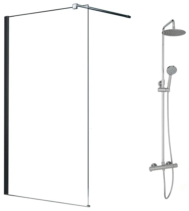 Pachet paravan dus Walk-In Fluminia Black crom 100x200 cm si coloana de dus OMNIRES Y crom