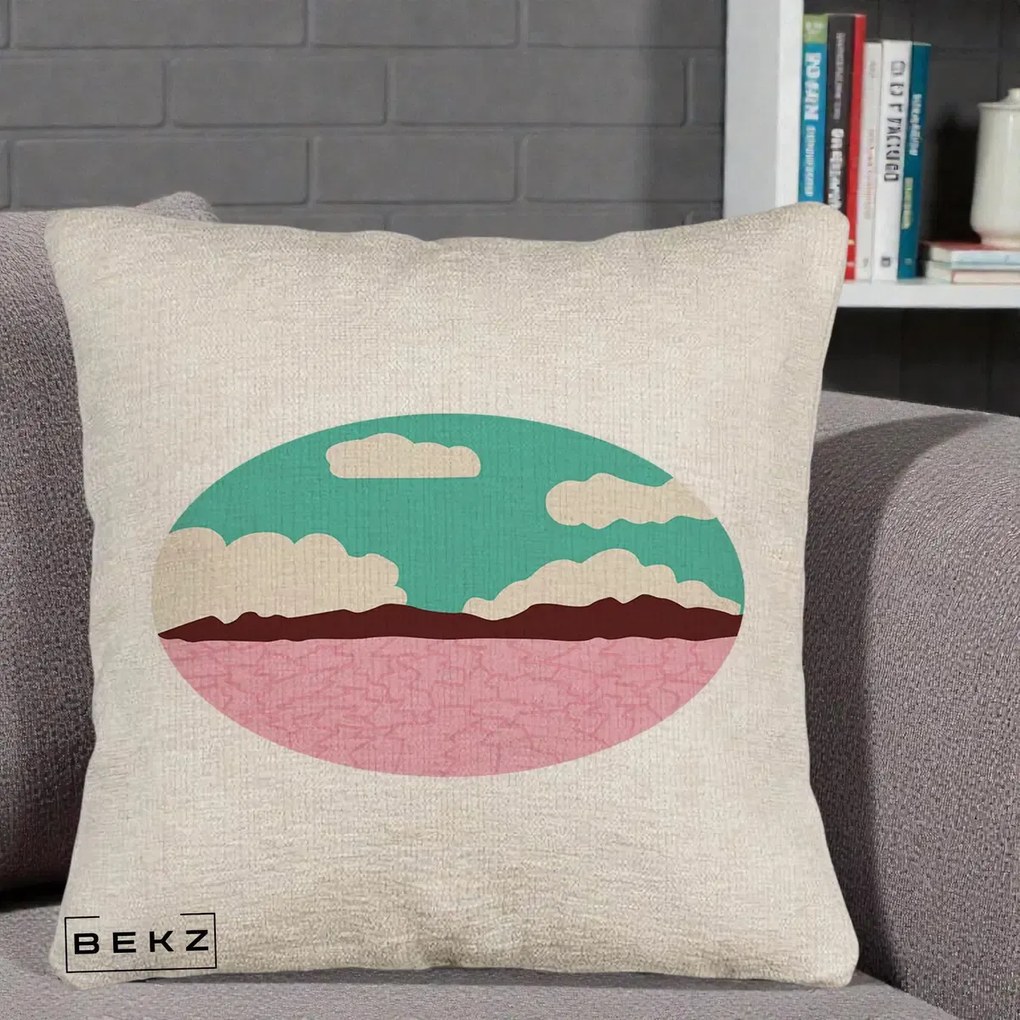 Perna Decorativa Peisaj Desert Oval Pastel, 40x40 cm, Bej Canapea, Husa Detasabila, Perna Inclusa, BEKZ®