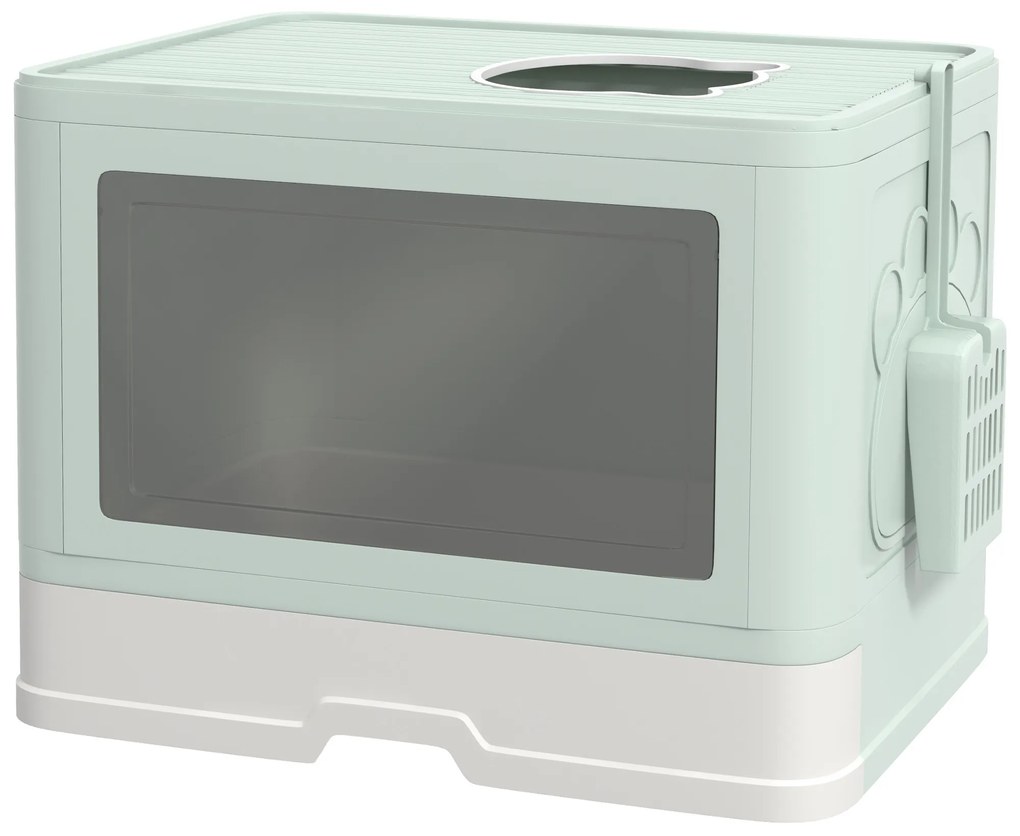 PawHut Litieră de nisip pentru pisici cu Capac, Intrare Dublă, Sertar, Lopățică, Verde | Aosom Romania