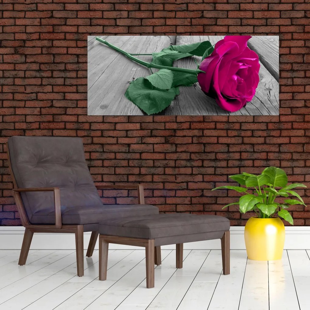 Tablou - Trandafir roz cu tulpina verde (120x50 cm)