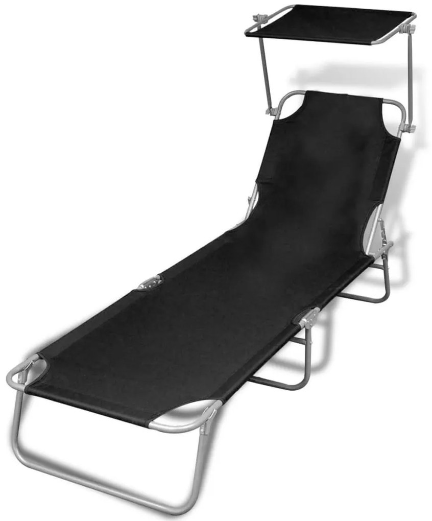 41197 vidaXL Șezlong de plajă pliabil cu baldachin negru metal & țesătură