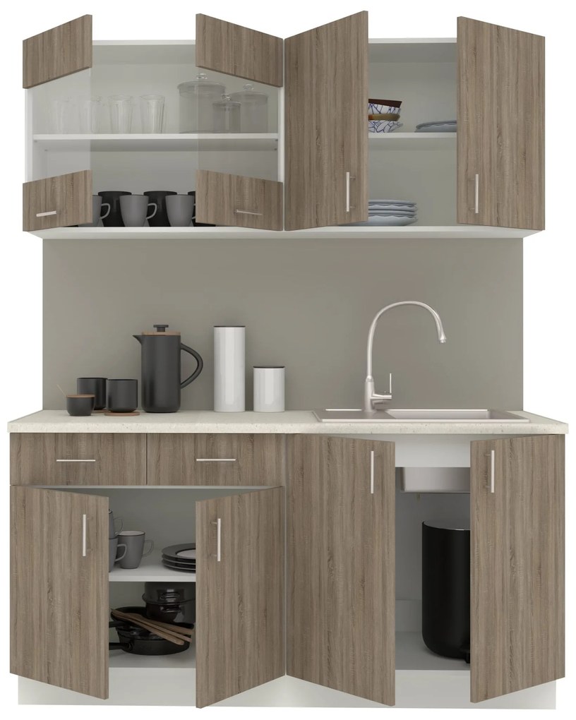 Set Bucatarie Karo V8, Stejar Sonoma Inchis/Alb, Blat Thermo 28 mm, L 160 cm