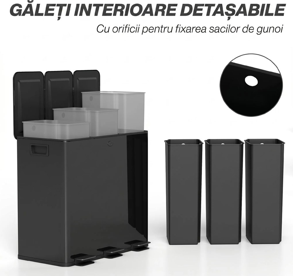 HOMCOM Coș de Gunoi cu 3 Secțiuni de 20L cu Pedală și 2 Capace cu Închidere Silențioasă, Coș de Gunoi din Oțel Inoxidabil și PP, 61.9x36.6x56.7 cm, Negru | Aosom Romania