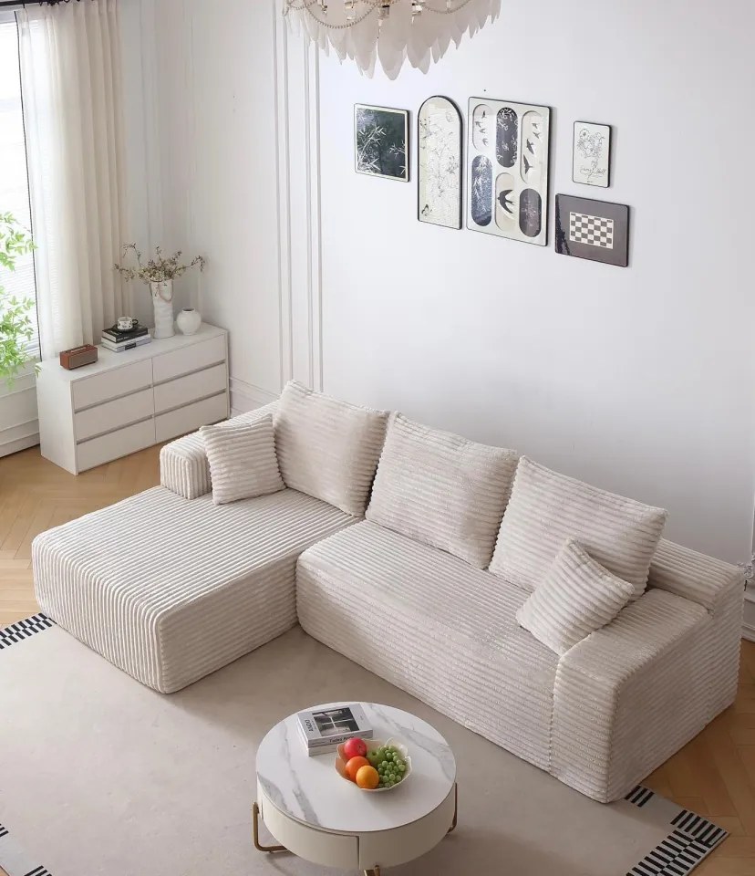 Canapea Colțar Premium Memory Foam HD 270x170x70 cm | Material Plusat Reiat cu Dungi Groase (Culoare: Maro)