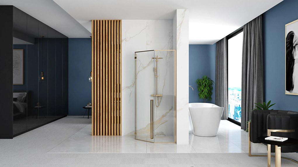Cabina dus cu cadita de dus pentagonala cu usa batanta Rea Diamond 90x90 auriu - alb