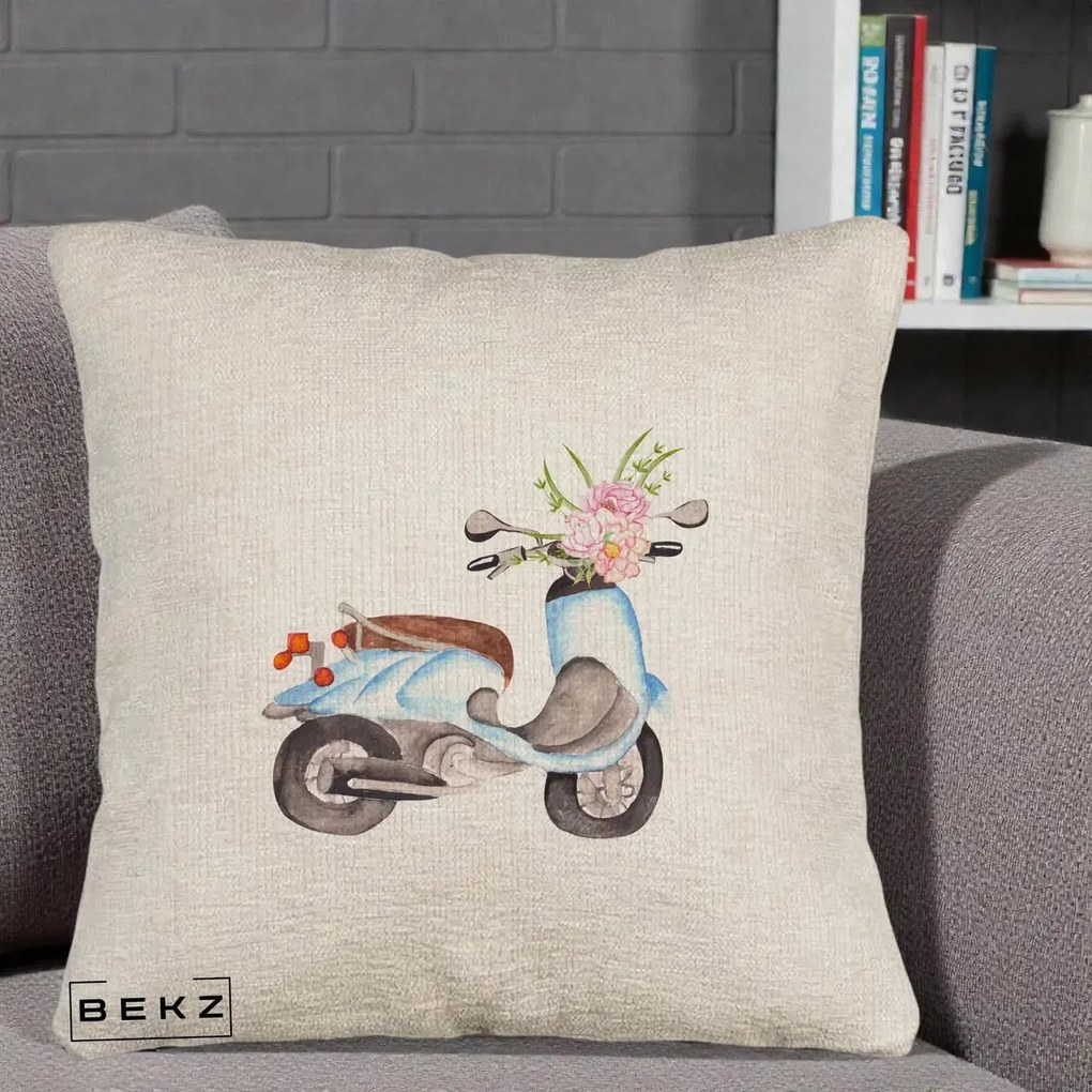 Perna Decorativa Scuter Albastru cu Flori Acuarela, 40x40 cm, Bej Canapea, Husa Detasabila, Perna Inclusa, BEKZ®