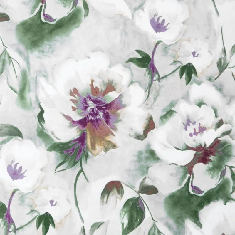 Draperie gri-alb, cu flori albe, pe inele Lungime: 250 cm